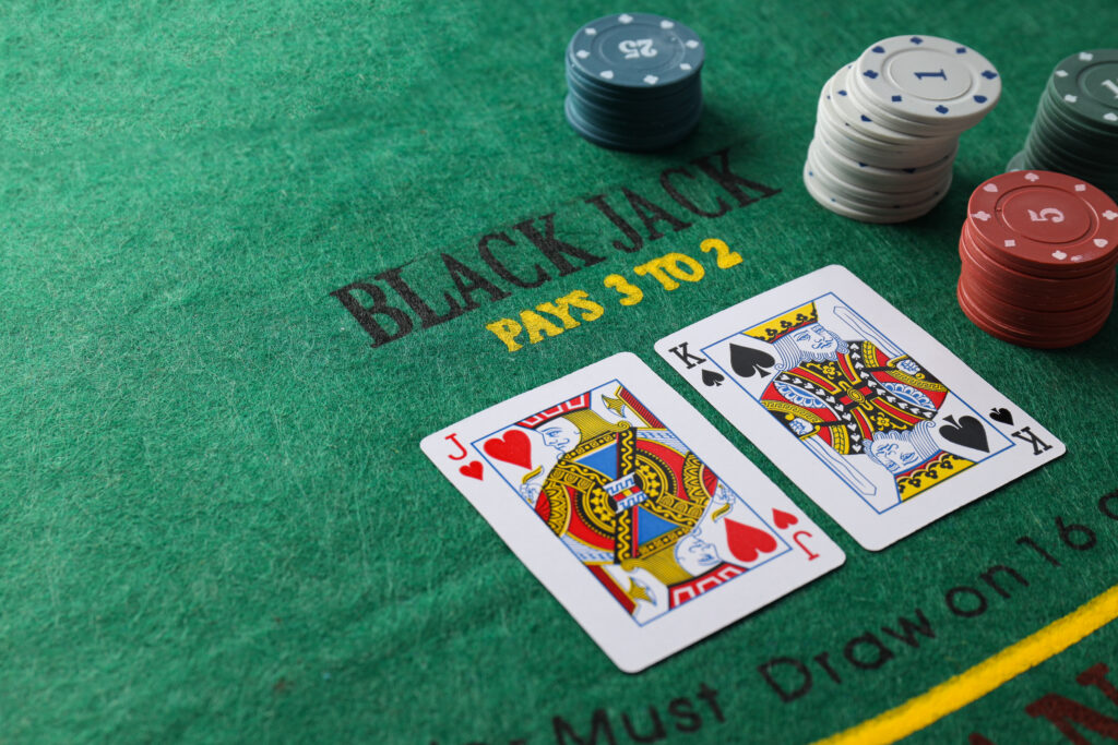 A photo of a blackjack table in a casino.