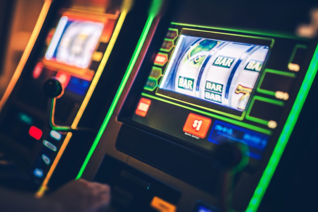 A close up photo of a slot machine in a casino.