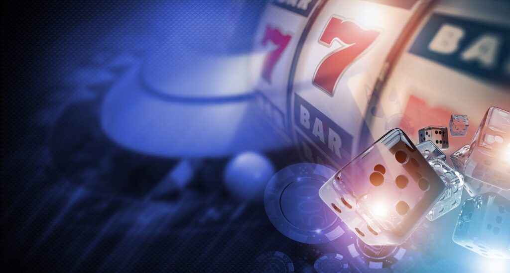 Casino graphic banner with a faint roulette wheel in the background with slot reels, dice, and casino chips in the foreground. 